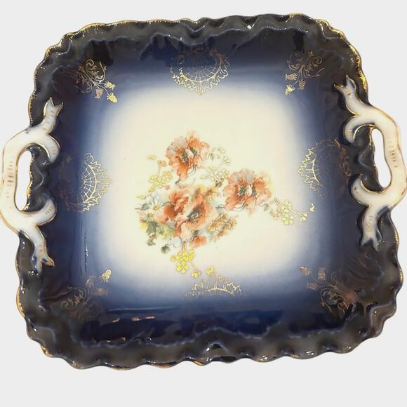 Vintage PM Bavaria Handled Square Cobalt Plate Floral Center Design Gorgeous - Picture 5 of 5